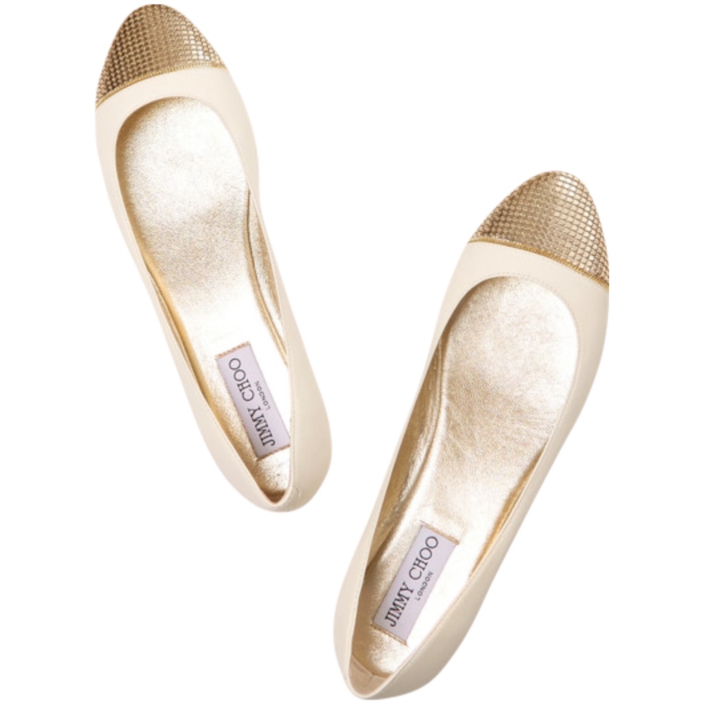 Jimmy Choo Waine Embellished White Leather And Gold Chainmail Ballet Flats 38.5